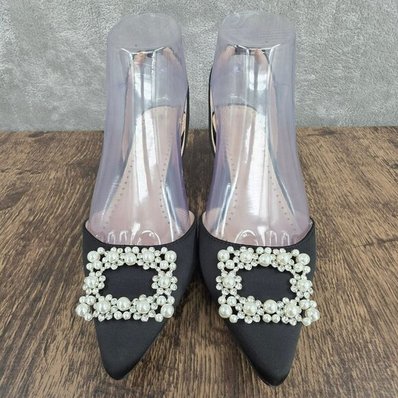 Adrienne Vittadini Suza Slingback Kitten Heels 7.5 Black Pearl Rhinestone Formal - Picture 5 of 15